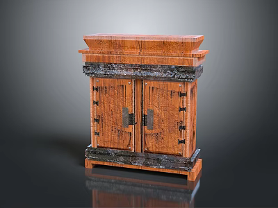 Vintage Wooden Cabinet With Double Doors And Ornate Metal Hardware Frame 3d model