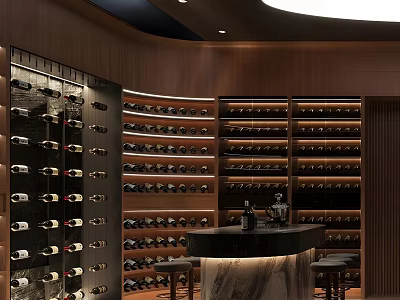 Wine Cellar Interior Design Featuring Many Wine Bottles On Wooden Racks And Bar Counter 3d model