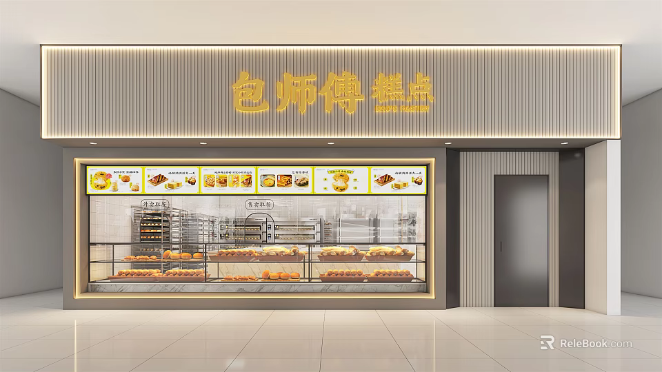 Bao Shi Fu Pastry Storefront Showcasing Glass Display Window with Various Pastries and Modern Striped Wall 3d model 