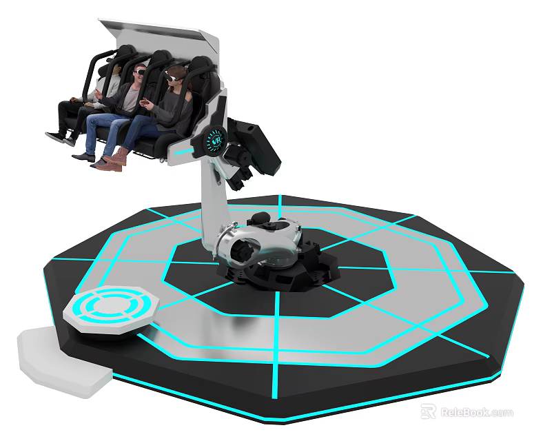 Immersive VR Experience Setup With Rotating Platform Seats And Neon Light Design 3d model 