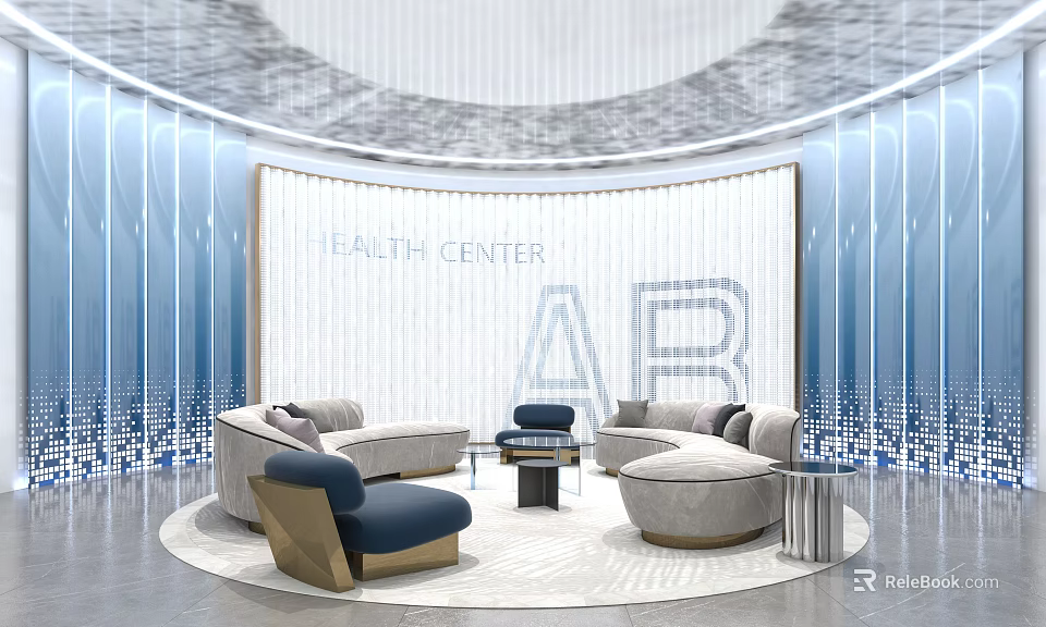 Health Center Lounge Area Modern Circular Layout With Blue Beige Sofas And Glass Partitions 3d model 