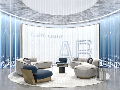 Health Center Lounge Area Modern Circular Layout With Blue Beige Sofas And Glass Partitions 3d model