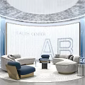 Health Center Lounge Area Modern Circular Layout With Blue Beige Sofas And Glass Partitions