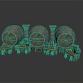 Rustic Architectural Scene With Stone Pillars Three Barrels And Wooden Tables