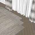 Light Beige Square Rug On Herringbone Wooden Floor With White Curtains And Soft Light