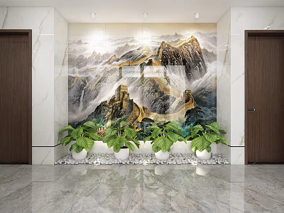 Interior Feature Wall With Great Wall Landscape Design And Green Plants On Marble Floor 3d model