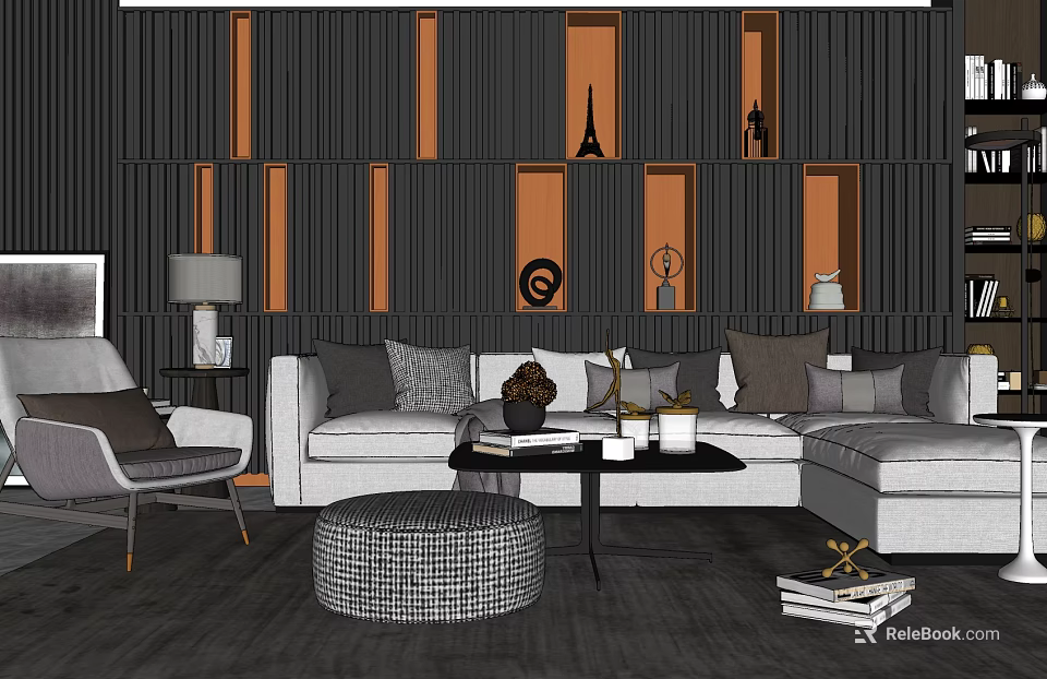 Modern White Sofa and Coffee Table Set with Multiple Cushions Wicker Ottoman and Decorative Items 3d model