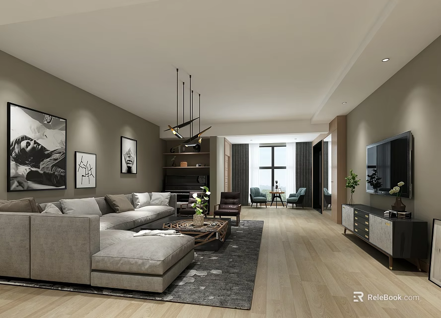 Modern Living Room with Gray L shaped Sofa Artwork Chandelier TV Wooden Flooring and Green Plants 3d model 