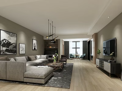 Modern Living Room with Gray L shaped Sofa Artwork Chandelier TV Wooden Flooring and Green Plants 3d model
