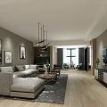 Modern Living Room with Gray L shaped Sofa Artwork Chandelier TV Wooden Flooring and Green Plants