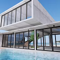 Modern Detached Villa with Concrete Structure Large Glass Windows Swimming Pool and Seaside View