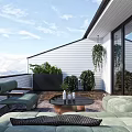 Modern Villa Balcony With Green Sofa Coffee Table And Potted Plants