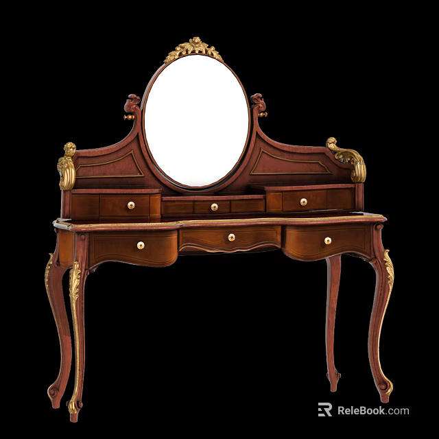 Classical Wooden Dressing Table with Round Mirror Gold Accents Carved Details and Curved Legs 3d model 