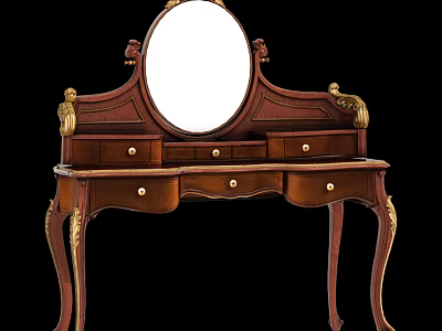 Classical Wooden Dressing Table with Round Mirror Gold Accents Carved Details and Curved Legs 3d model