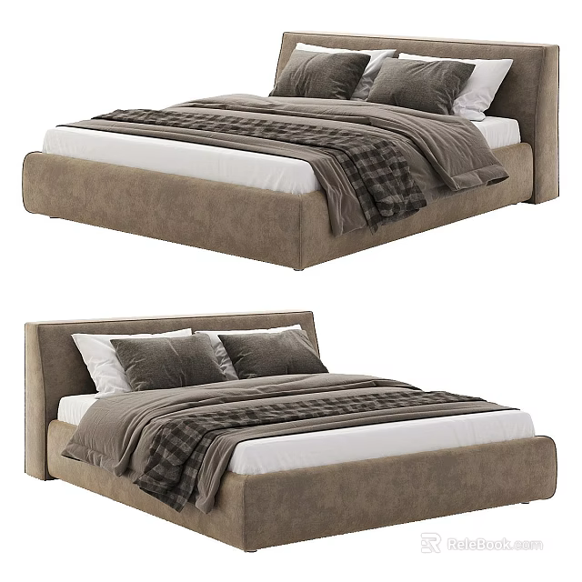 Modern Upholstered Bed Interior With Beige Frame Gray Pillows And Plaid Blanket 3d model
