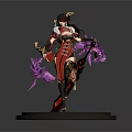 Stylish Game Movie Female Character In Red Outfit With Purple Ribbons Standing On Pedestal