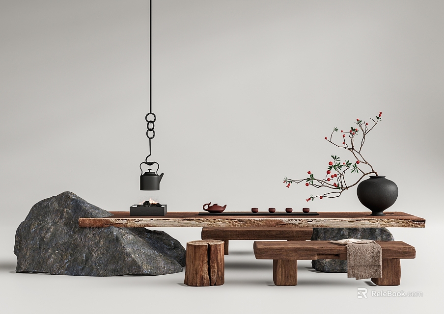 Natural Wooden Tea Table And Chairs With Rock Decor Teapot And Flower Vase 3d model 