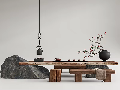 Natural Wooden Tea Table And Chairs With Rock Decor Teapot And Flower Vase 3d model