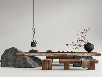 Quite Tea Table and Chair Stone Tea Table and Chair Combination Tea Set Low Stool Vase Flower Art 3d model