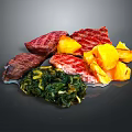Juicy Grilled Steak Served With Fresh Sautéed Spinach And Roasted Bell Peppers