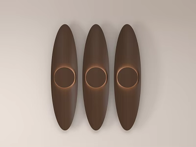 Three Oval Brown Wooden Wall Lights With Round Light Source On Light Wall 3d model