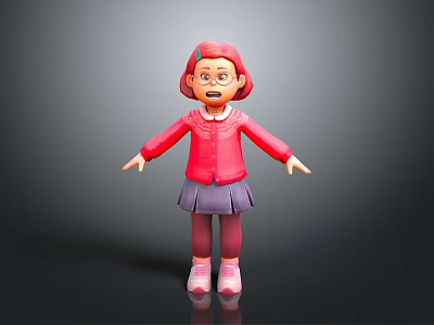3D Surprised Little Girl Character With Pink Hair Red Jacket Purple Skirt Glasses Arms Outstretched 3d model