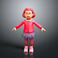 3D Surprised Little Girl Character With Pink Hair Red Jacket Purple Skirt Glasses Arms Outstretched