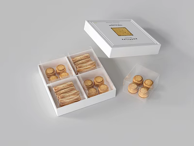 Assorted Delicious Pastries in White Compartment Box with Round and Rectangular Snacks 3d model