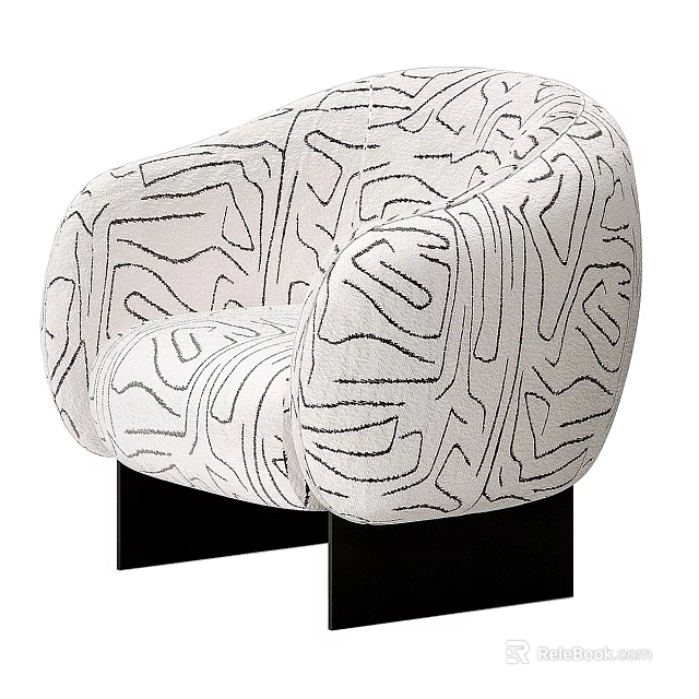 Single Sofa With Abstract Black Line Pattern In Ivory White And Black Square Legs 3d model 