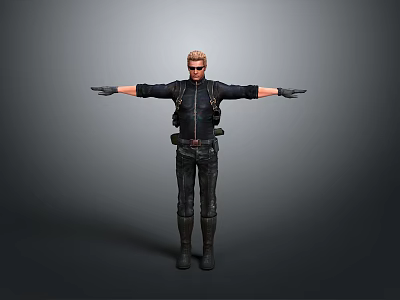 Man With Blonde Hair Wearing Sunglasses And Black Tactical Outfit Arms Outstretched Against Gray Background 3d model
