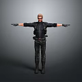 Man With Blonde Hair Wearing Sunglasses And Black Tactical Outfit Arms Outstretched Against Gray Background 3d model