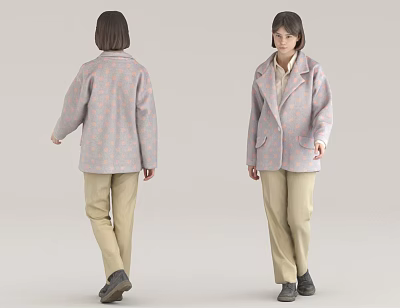 Woman Wearing Light Pink Patterned Coat And Beige Pants Front And Back Views 3d model