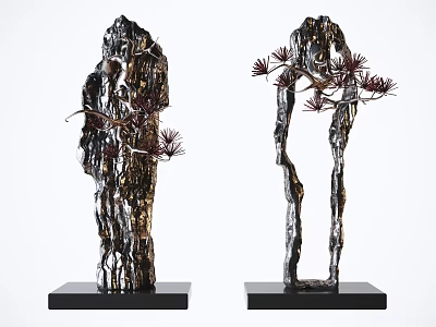 Modern Decorative Sculpture Set With Metal Tree Design And Red Accents On Black Base 3d model