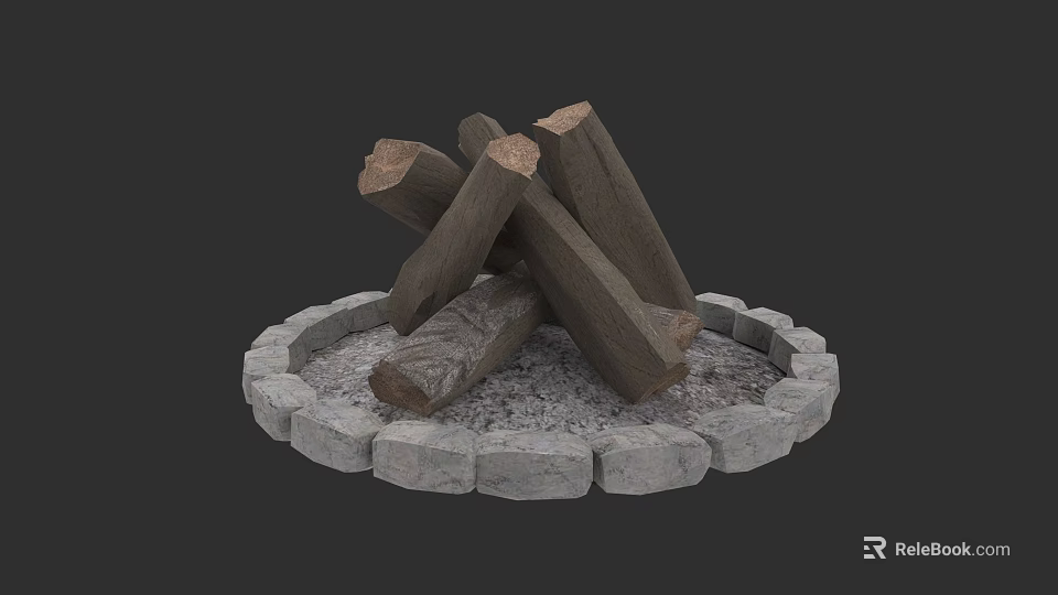 Fireplace With Stone Circular Base And Stacked Logs On Gravel Surface 3d model