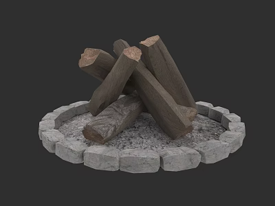 Fireplace With Stone Circular Base And Stacked Logs On Gravel Surface 3d model