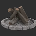 Fireplace With Stone Circular Base And Stacked Logs On Gravel Surface 3d model