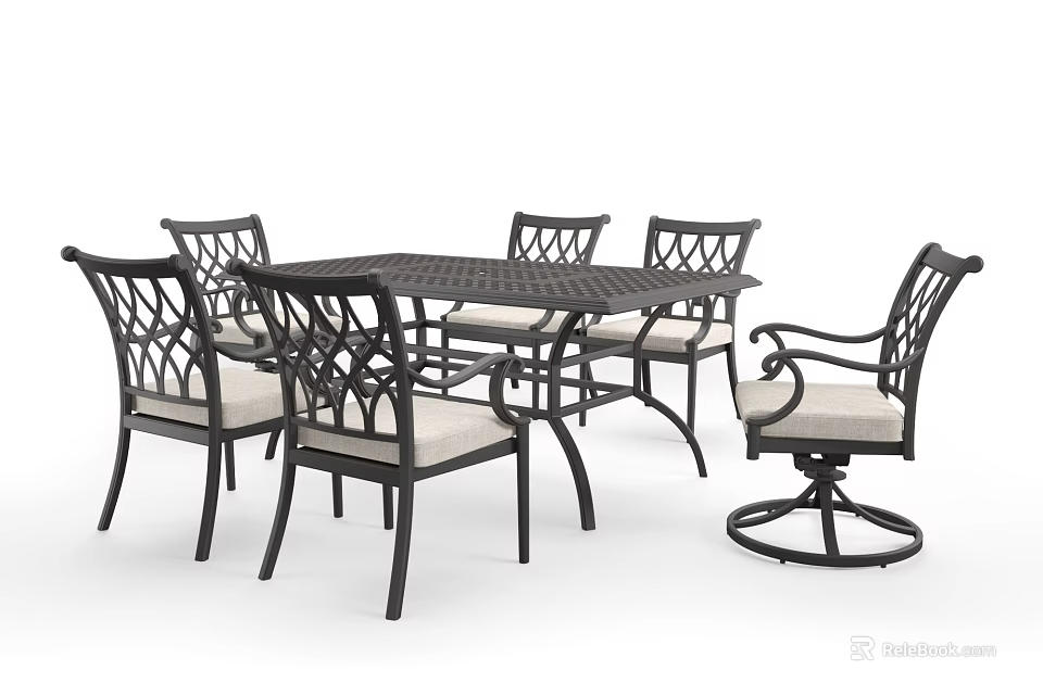 Outdoor Table with Ornate Metal Design and Cushioned Dining Chairs Set 3d model