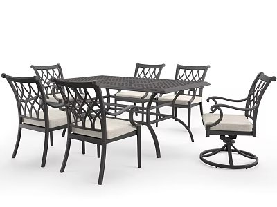 Outdoor Table with Ornate Metal Design and Cushioned Dining Chairs Set 3d model