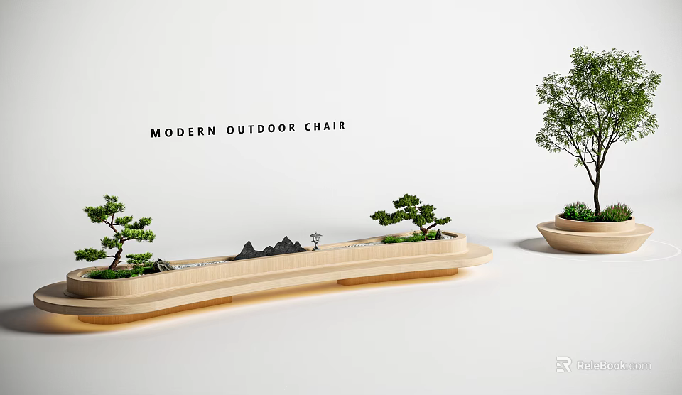 Modern Outdoor Chair With Wooden Design And Natural Plants In Garden 3d model 