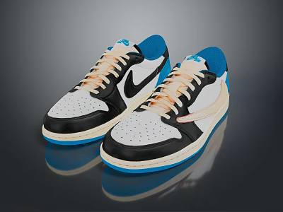 Stylish Classic Sports Shoes With White Black Blue Upper Orange Laces And Swoosh Logo 3d model