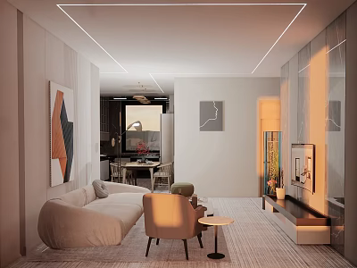 Modern Living Dining Room Interior With Beige Sofa Dining Table Chairs And Artwork 3d model