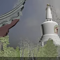 White Pagoda With Traditional Architectural Elements Surrounded by Green Trees Under Blue Sky