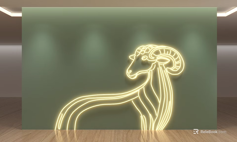 Art Installation Sheep Head Design With Illuminated Yellow Lines On Green Wall And Wooden Floor 3d model 