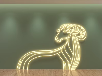 Art Installation Sheep Head Design With Illuminated Yellow Lines On Green Wall And Wooden Floor 3d model
