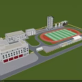 Fire Station Building With Red Doors And White Exterior Near Sports Field And Tall Structure