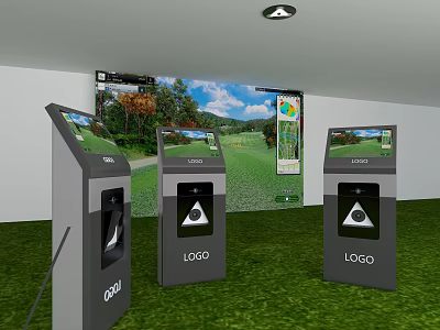 Three Standing Golf Simulation Sports Equipment With Screens Displaying Golf Course Scenes On Green Grass 3d model