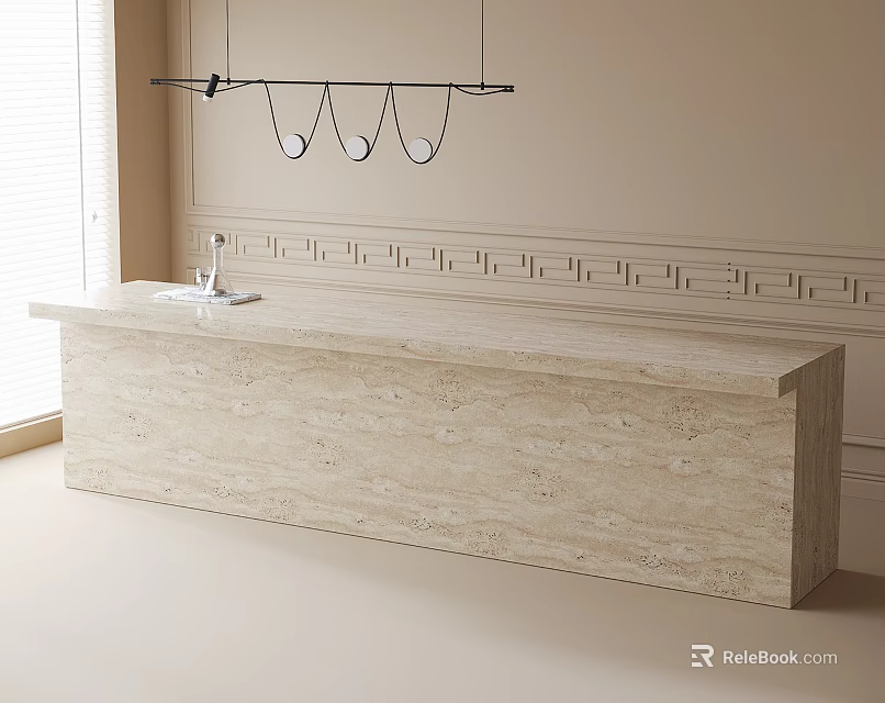 Beige Bar Counter with Hanging Pendant Lights and Greek Style Molding in Bright Window Light 3d model 