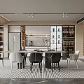 Modern Restaurant Interior With Open Kitchen Dining Table Black White Chairs Wine Display Cabinet And Striped Rug