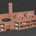 Traditional Brick Oven Setup with Two Dome Shaped Ovens Chimneys Shelves Clay Pots and Plates