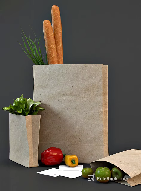 Fresh Vegetables in Kraft Paper Bags with Green Leaves and Carrots on Gray Background 3d model 